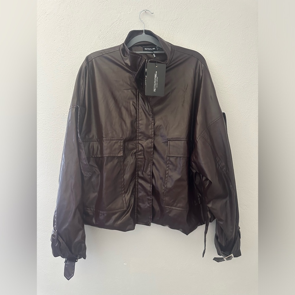 PrettyLittleThing Chocolate Faux‎ Leather Oversized Biker Jacket – Size US 4